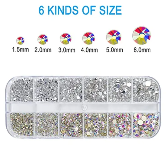 2400 Pieces Nail Art Rhinestones Kit Nail Gems Ab Flatback Rhinestones Gems Stones, with Storage Organizer Box/Wax Pencil/Tweezers 6 Sizes (1.5-4.5 mm) for Nail Art Craft (2400pcs) {6}