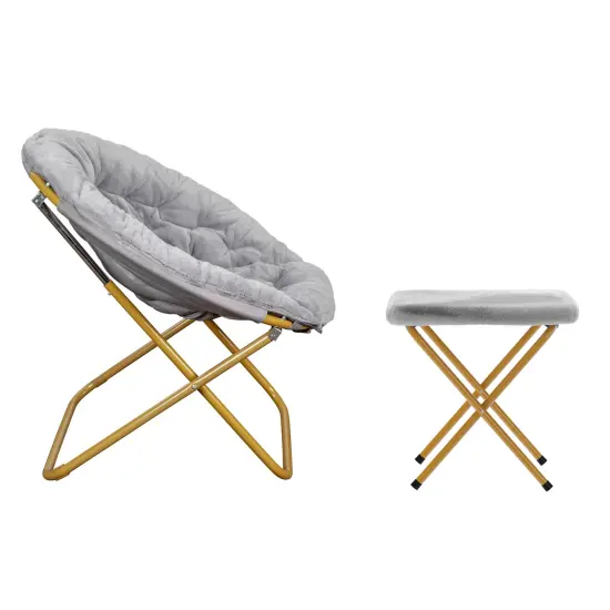Emma and Oliver Ersa Oversize Folding Saucer Moon Chair and Ottoman for Dorm and Bedroom with Steel Frames GrayFabric/SoftGold {5}