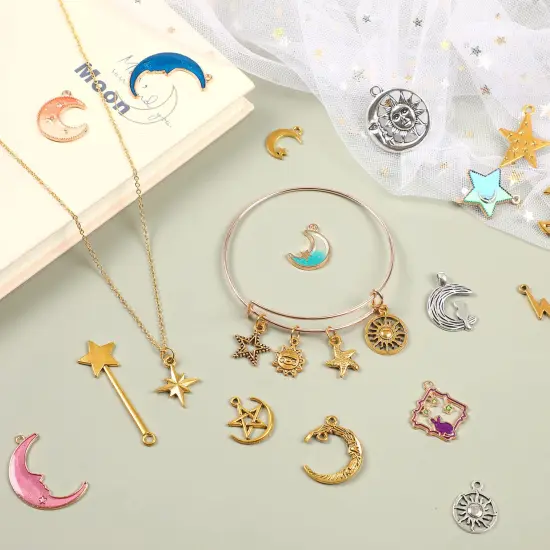 120 Pieces Mixed Sun Star Moon Charms Jewelry Making Gold Enamel Charm Pendants for DIY Necklace Bracelet Making Supplies {6}