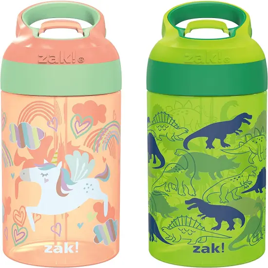 16Oz Riverside Beach Life Kids Water Bottle with Straw and Built in Carrying Loop Made of Durable Plastic, Leak-Proof Design for Travel, 2PK Set UnicornDino Camo {1}