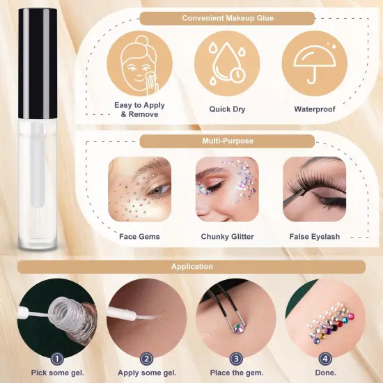 Flatback Face Gems Kits for Makeup with Glue, Round Glass Crystal AB & Clear Gems, Beige & White Pearls & 4 Colors Cosmetic Chunky Glitter with Dotting Tools, Eye Jewels for Body Make-up, Nail Art {4}