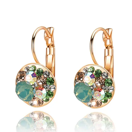 Multicolored Crystal Earrings for Women 14K Gold Plated Leverback Dangle Hoop Earrings (Green Opal+Aurora Borealis Crystal) {2}