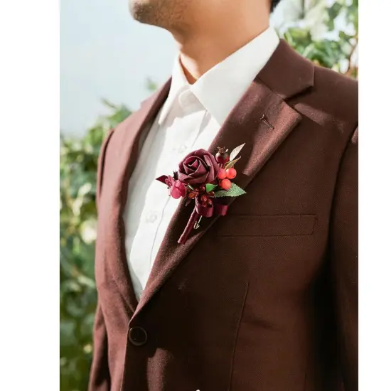Boutonniere Set of 6 for Groom & Groomsmen Burgundy & red {4}