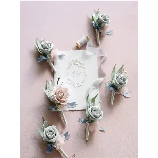 Boutonniere Set of 6 for Groom & Groomsmen Gray & dusty rose {3}