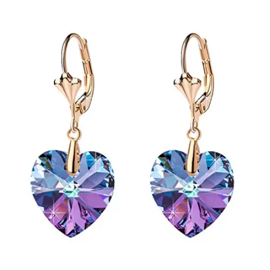 Crystal Heart Drop Leverback Earrings for Women Fashion Dangle Earring 14K Rose Gold Plated Hypoallergenic Jewelry (Vitrail Light) {2}
