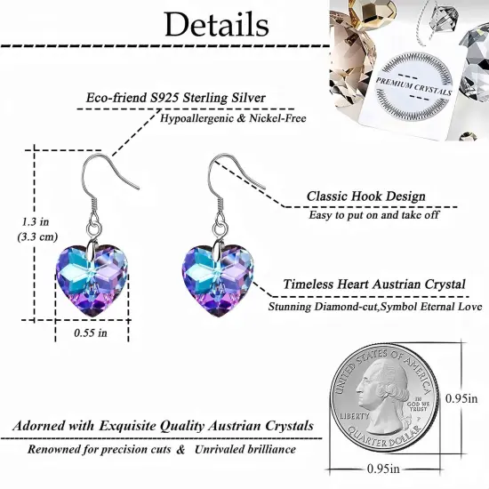 Austrian Crystal Heart Drop Dangle Earrings for Women 925 Sterling Silver Hook Hypoallergenic Earring (Vitrail Light) {5}