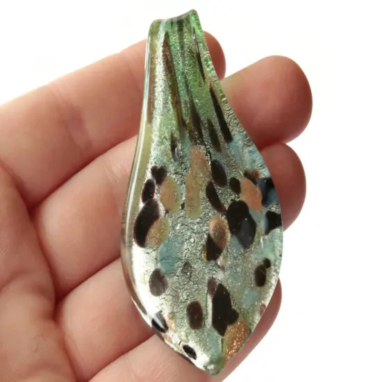 64mm Green with Gold and Brown Spots Foil Glass Pendant Lampwork Glass Spoon Pendant {3}