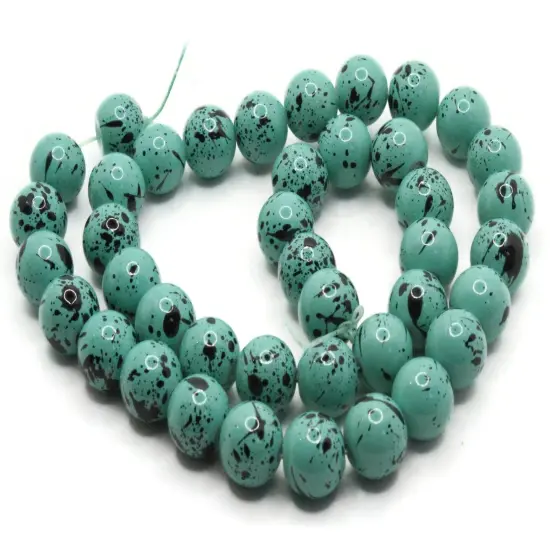 40 10mm Teal Green with Black Splatter Paint Smooth Round Glass Beads {3}