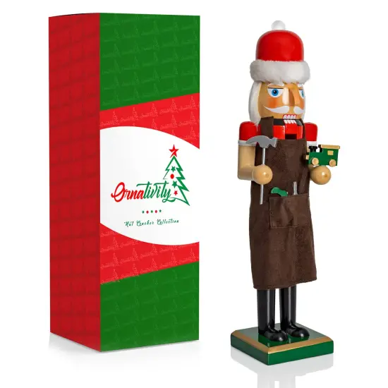 Ornativity Christmas Toy Maker Nutcracker &ndash; Red and Green Wooden Nutcracker Man with Brown Workers Apron and Toy Car and Toy Hammer in Hand Xmas Themed Holiday Nut Cracker Doll Figure Decorations {2}