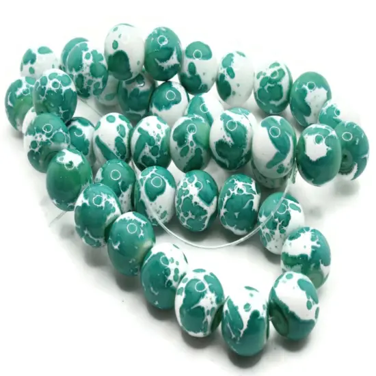 40 10mm Green and White Splatter Paint Smooth Round Glass Beads {4}