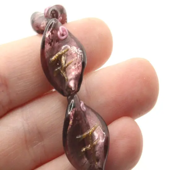10 20mm Purple with Pink and Green Flower Lampwork Glass Flat Oval Twist Beads {2}
