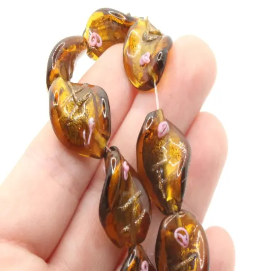 10 20mm Brown with Pink and Green Flower Lampwork Glass Flat Oval Twist Beads {5}