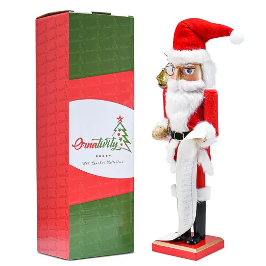 Ornativity Christmas Gift Santa Nutcracker &ndash; Red and White Wooden Nutcracker Santa Man in Traditional Santa Attire with a Bag of Gold Wrapped Gifts Over His Shoulder and a List of Names in Hand {6}