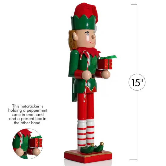 Ornativity Christmas Elf Holiday Nutcracker &ndash; Red and Green Wooden Elf with Candy Cane and Gift Box Xmas Themed Holiday Nut Cracker Doll Figure Toy Decorations {6}