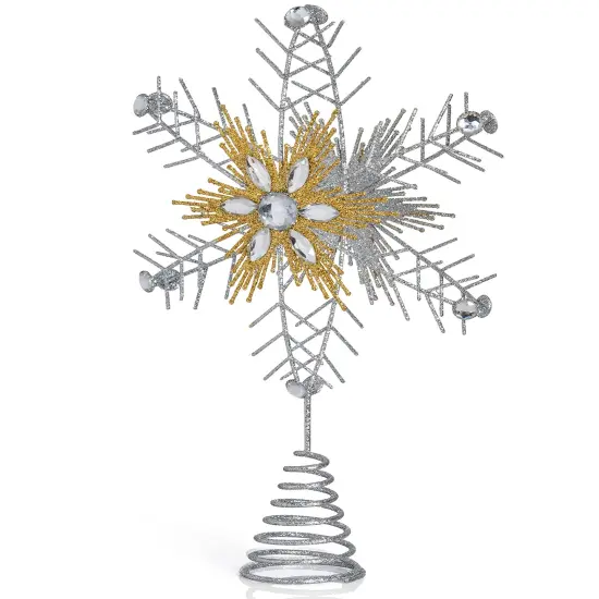 Ornativity Glitter Snowflake Tree Topper &ndash; Silver and Gold Bare Branches Styled Sparkling Gem Detailed Christmas Star Tree Top Ornament Decorations {2}