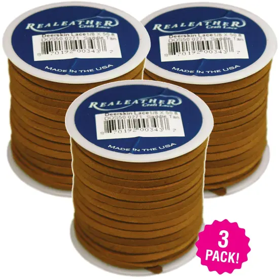 Multipack of 3 - Realeather Crafts Deerskin Lace .125"X50' Spool-Saddle Tan {1}