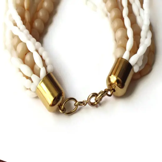 Tan and White Multi-strand Vintage Choker Necklace {6}