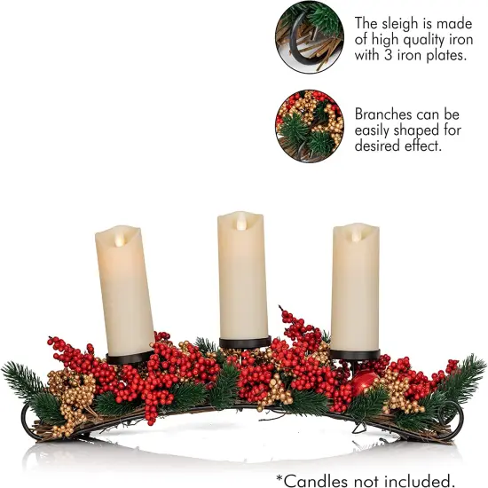 Ornativity Christmas Décor Candle Holder – Xmas Themed Candle Holder Centerpiece Decorations with Red and Gold Berries and Evergreens {4}