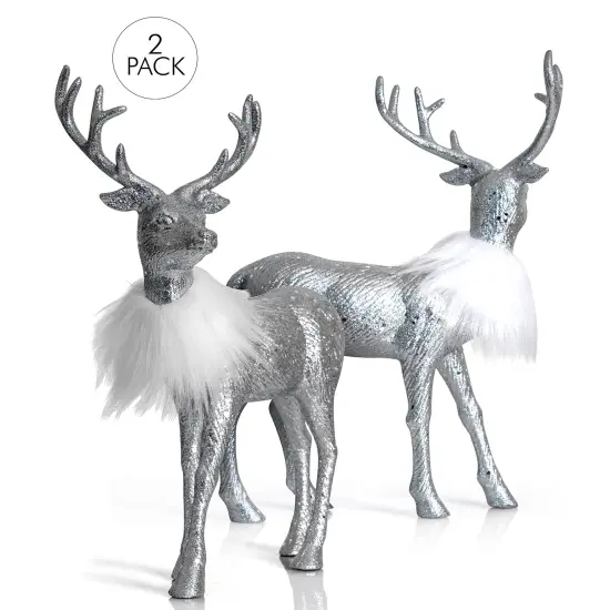 Ornativity Silver Glitter Christmas Reindeer - Holiday Party Deer Figurine Statues Dinner Tabletop Decorations Centerpiece - Pack of 2 {2}