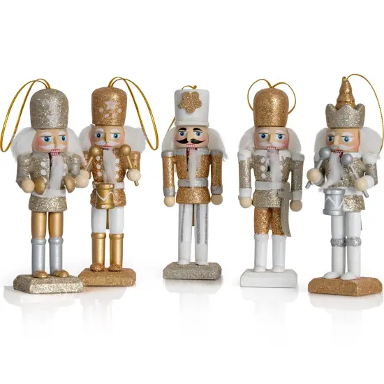 Ornativity Nutcracker Hanging Ornament Figures – Gold and Silver Glittered Christmas Mini Wooden King and Soldier Nutcrackers Xmas Tree Ornament Set – 5 Pieces {1}