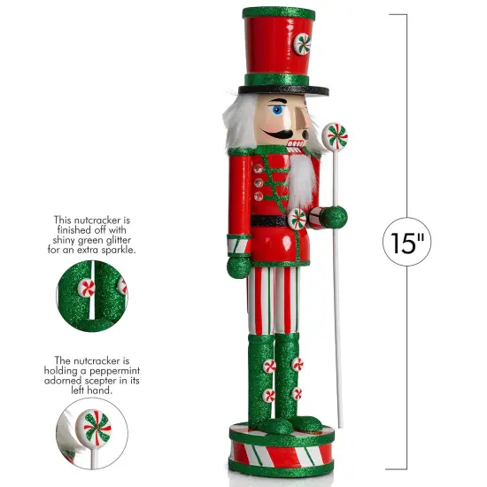 Ornativity Wooden Peppermint Christmas Nutcracker - Red, White and Green Glitter Candy Themed Holiday Nut Cracker Doll Figure Toy Soldier Decorations {6}