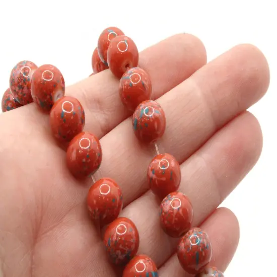 40 10mm Red with Pink & Blue Splatter Paint Smooth Round Glass Beads {4}