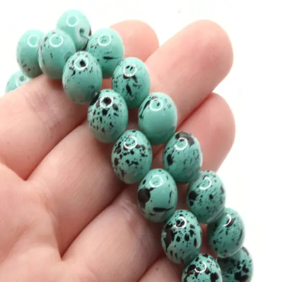 40 10mm Teal Green with Black Splatter Paint Smooth Round Glass Beads {4}
