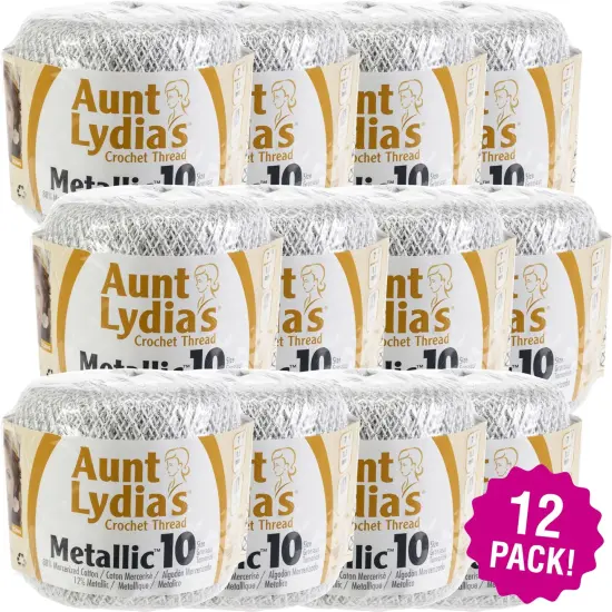 Multipack of 12 - Aunt Lydia's Metallic Crochet Thread Size 10-White & Silver {1}