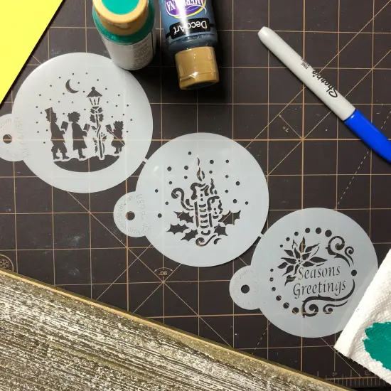 Seasons Greetings Round Cookie Stencil Set | C463 by Designer Stencils | Cookie Stencils for Royal Icing, Airbrush, Dusting Powder | {6}