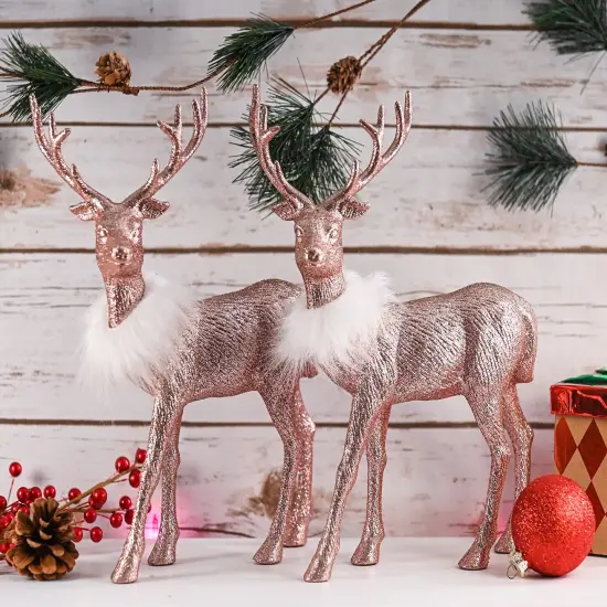 Ornativity Rose Glitter Christmas Reindeer - Holiday Party Deer Rose Gold Figurine Statues Dinner Tabletop Decorations Centerpiece - Pack of 2 {4}