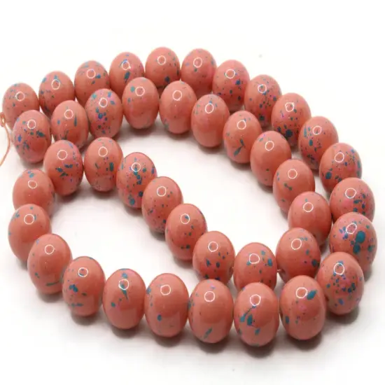 40 10mm Coral and Blue Splatter Paint Smooth Round Glass Beads {2}