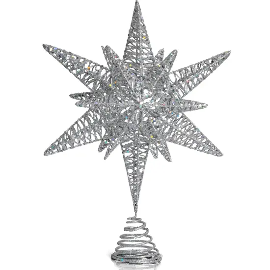 Ornativity Silver Star Tree Topper – Christmas Silver 3D Glitter Star Ornament Treetop Decoration {1}