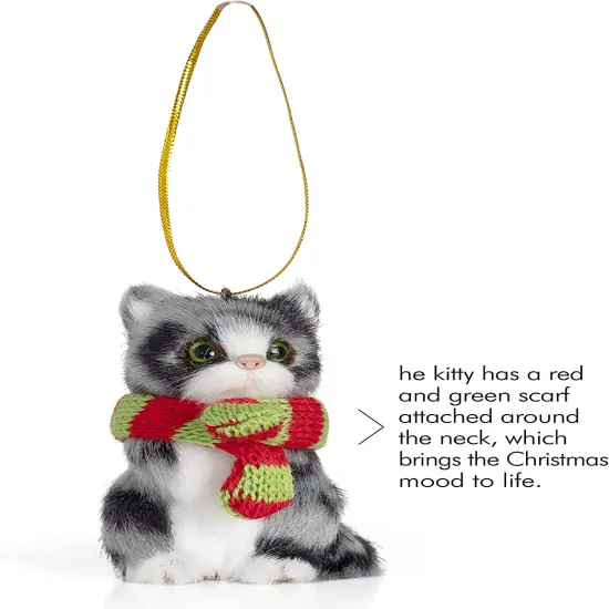 Ornativity Christmas Mini Cat Ornament - Furry Grey Kitten with Scarf Holiday Tree Hanging Decoration {2}
