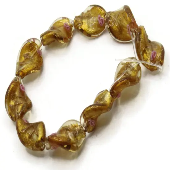 10 20mm Golden Yellow with Pink and Green Flower Lampwork Glass Flat Oval Twist Beads {3}