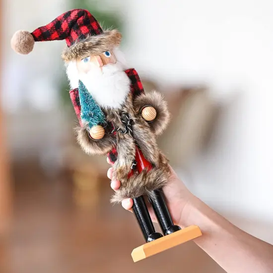 Ornativity Christmas Nostalgic Santa Nutcracker – Red and Black Wooden Nutcracker Man with Buffalo Plaid Coat with Brown Fur Holding a Xmas Tree Themed Holiday Nut Cracker Doll Figure Decorations {5}