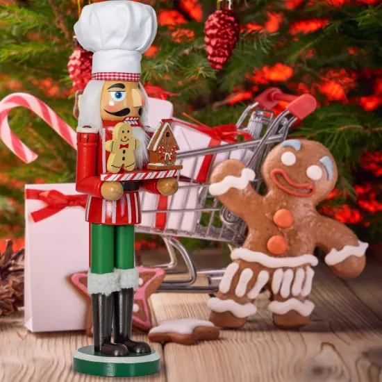 Ornativity Christmas Chef Nutcracker Figure &ndash; Wooden Chef Hat Nutcracker with Gingerbread Man and House Holiday Decoration {4}