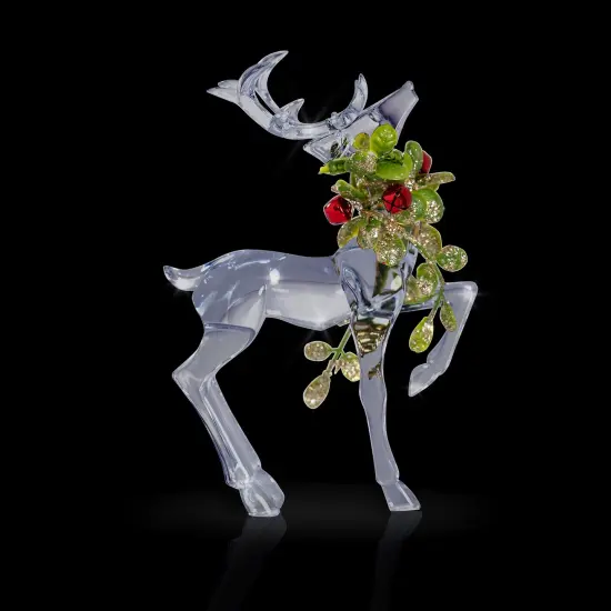 Ornativity Acrylic Christmas Reindeer Ornaments - Holiday Clear Party Deer Figurine Statues with Green Mistletoe and Red Berries Dinner Tabletop Decorations Centerpiece - Pack of 2 {3}