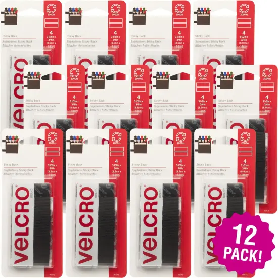 Multipack of 12 - VELCRO(R) Brand Sticky Back Tape .75"X3.5" 4/Pkg-Black {1}