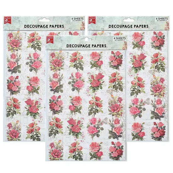Pack of 3 - Little Birdie Decoupage Paper A4 4/Pkg-Rose Passion {1}