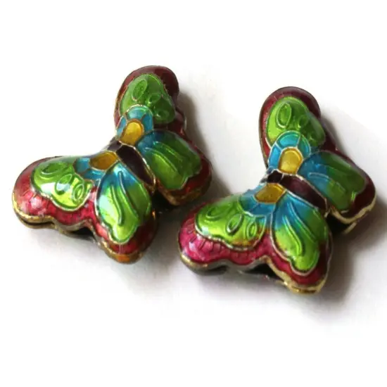 2 23mm Pink and Green Cloisonne Butterfly Beads Handmade Metal and Enamel Beads Moth Beads {2}