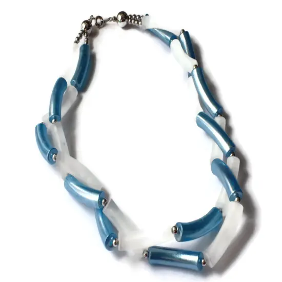 19 1/2 Inch Vintage Twisted Two Strand Blue and White Beaded Necklace - Plastic Tube Beads {5}