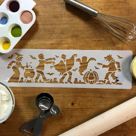 Halloween Monster Cake Stencil Side: Witch, Dracula, Ghost, Werewolf, Frankenstein | C460 by Designer Stencils | Cake Decorating Tools | {4}