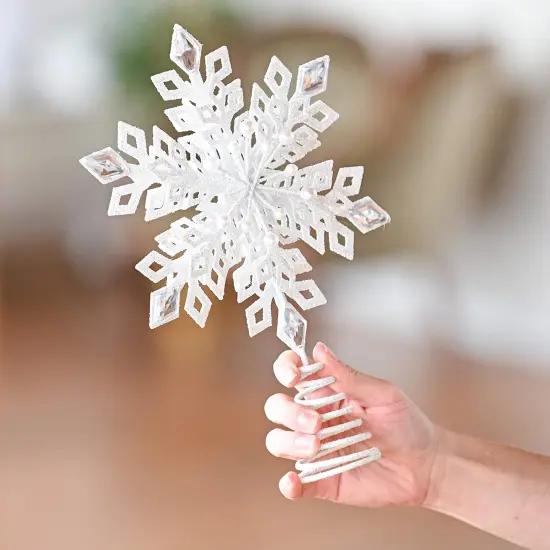 Ornativity Glitter Snowflake Tree Topper - White Sparkling Christmas Tree Decoration with Gem Design {4}