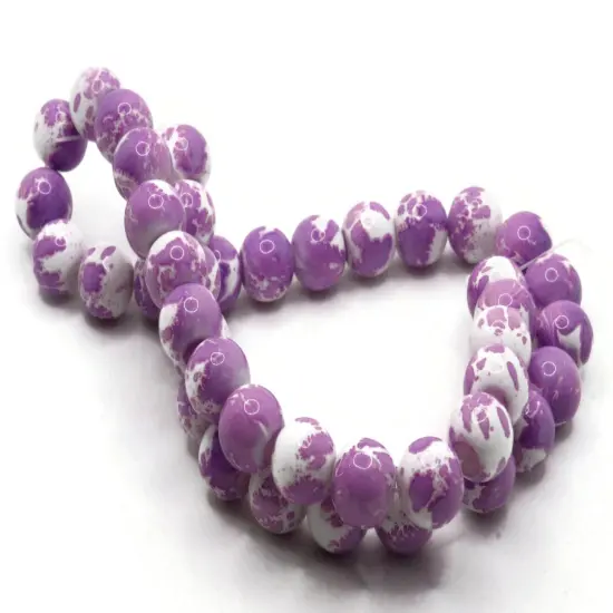 40 10mm White with Purple Round Glass Splatter Paint Beads {3}