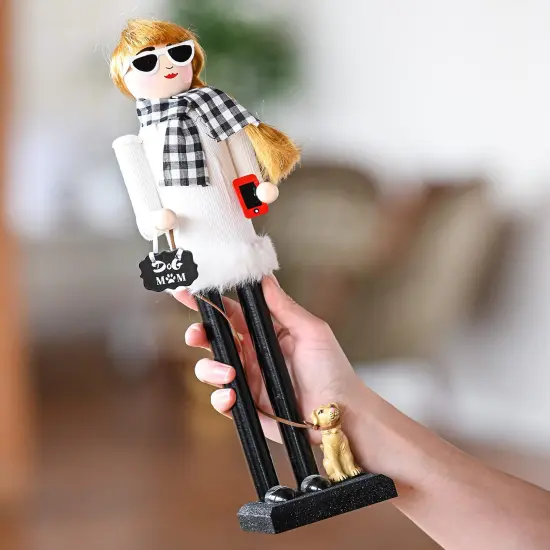Ornativity Christmas Dog Mom Nutcracker – White and Black Wooden Nutcracker Woman with Dog on Leash and a Smartphone in Hand Xmas Themed Holiday Nut Cracker Doll Figure Decorations {5}