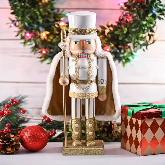 Ornativity Christmas Gold King Nutcracker &ndash; Gold and White Glittered Wooden Nutcracker Man with Gold and White Fur Cape and Staff in Hand Xmas Themed Holiday Nut Cracker Doll Figure Decorations {3}