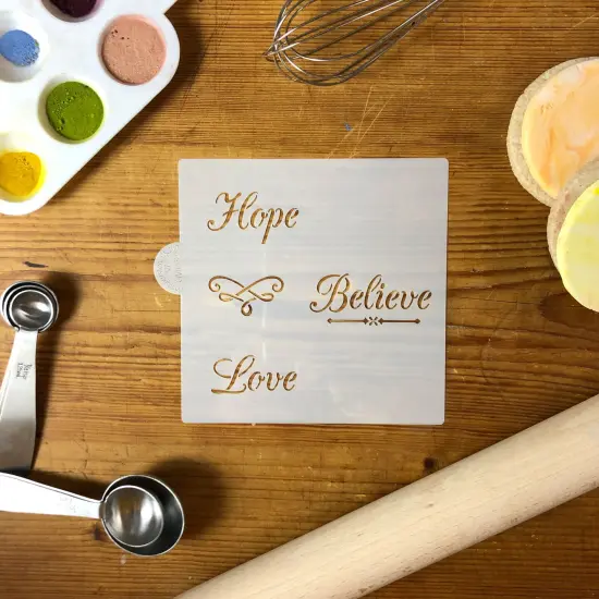 Hope, Believe, Love Cookie & Craft Stencil | CM032 by Designer Stencils | Cookie Decorating Tools | Baking Stencils for Royal Icing, Airbrush, Dusting Powder | Craft Stencils for Canvas, Paper, Wood | Reusable Food Grade Stencil {2}