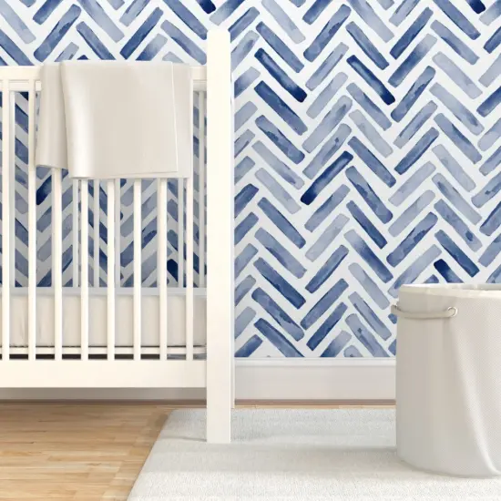 Pre-Pasted Wallpaper 2FT Wide Watercolor Chevron Herringbone Modern Boy Nursery Blue And White Custom Pre-pasted Wallpaper by Spoonflower {7}
