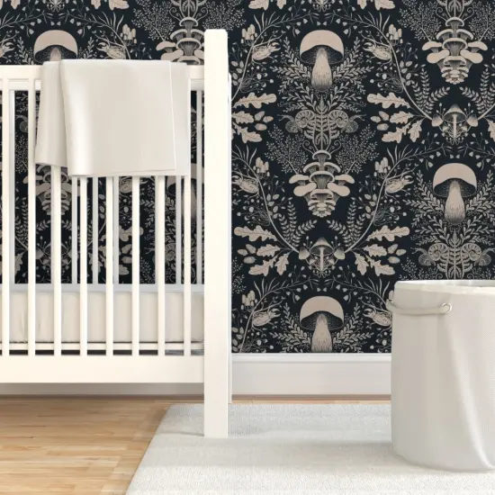 Pre-Pasted Wallpaper 2FT Wide Mushroom Damask Floral Forest Snail Ferns Acorn Beetles Leaves Oak Porcini Outdoors Nature Custom Pre-pasted Wallpaper by Spoonflower {7}