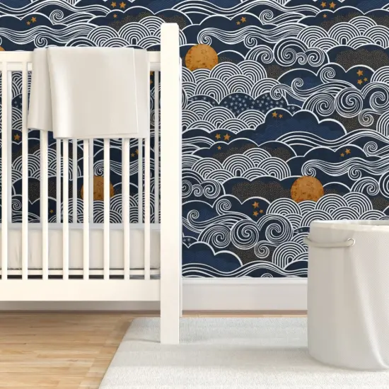 Pre-Pasted Wallpaper 2FT Wide Night Sky Clouds Gold Stars Sky Blue Mustard Dark Navy Custom Pre-pasted Wallpaper by Spoonflower {7}